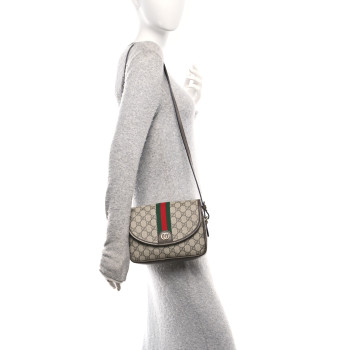 GUCCI GG Supreme Monogram Textured Dollar Calfskin Web Studded Mini Ophidia Flap Shoulder Bag Beige Ebony New Acero