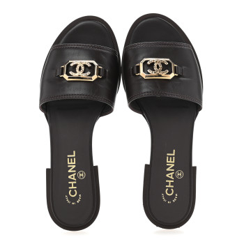 CHANEL Shiny Calfskin CC Mules 39 Brown