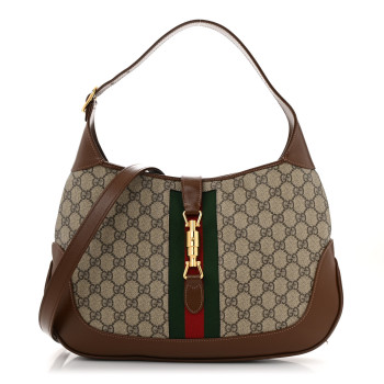 GUCCI GG Supreme Monogram Azalea Calfskin Web Medium Jackie 1961 Hobo Beige Ebony Brown Sugar