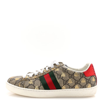 GUCCI GG Supreme Monogram Bees Ayers Web Womens Ace Sneakers 37 Beige Oro Green Red