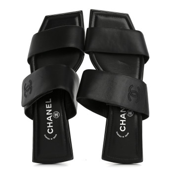 CHANEL Lambskin CC Flat Sandals 38.5 Black