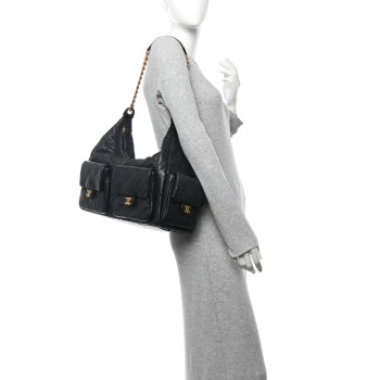 CHANEL Shiny Lambskin Quilted Maxi Trendy Pockets Hobo Black