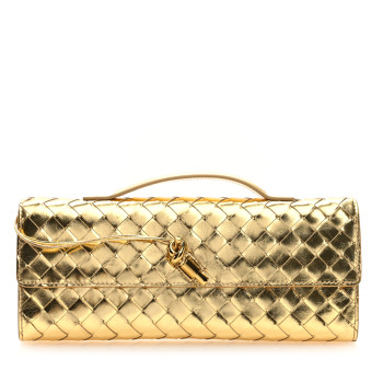 BOTTEGA VENETA Metallic Lambskin Intrecciato Long Andiamo Top Handle Clutch Gold
