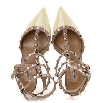 VALENTINO GARAVANI Patent Nappa Rockstud Ankle Strap 65mm Pumps 36.5 Light Ivory Poudre