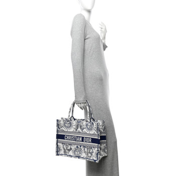 CHRISTIAN DIOR Canvas Embroidered Medium Toile De Jouy Soleil Book Tote Blue