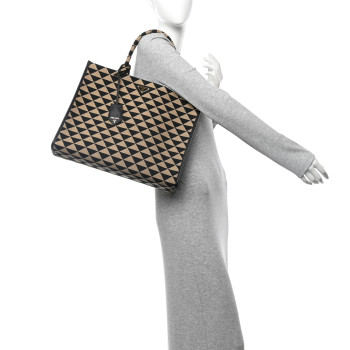 PRADA Jacquard Saffiano Triangolo Symbole Embroidered Large Tote Black Corda