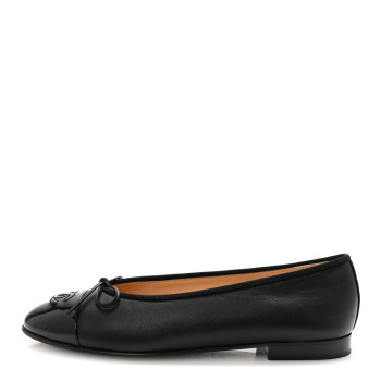 CHANEL Lambskin Patent Cap Toe Ballerina Flats 38.5 Black