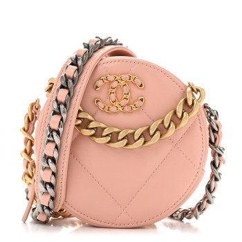 CHANEL Lambskin Quilted Chanel 19 Round Clutch With Chain Light Pink
