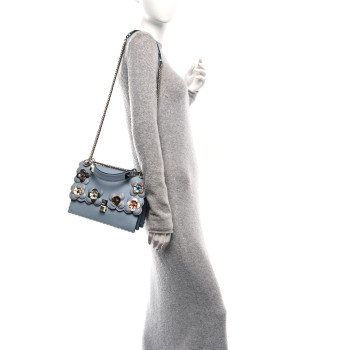 FENDI Vitello Liberty Lucido Flowerland Scalloped Studded Kan I Shoulder Bag Azzurro Polvere Multicolor