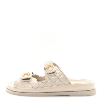 CHANEL Shiny Calfskin Quilted Velcro Dad Pearl CC Slide Sandals 39.5 Light Beige