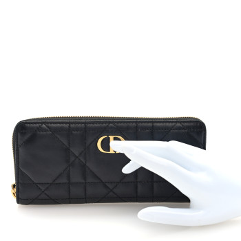 CHRISTIAN DIOR Lambskin Macrocannage Miss Caro Voyageur Slim Wallet Black