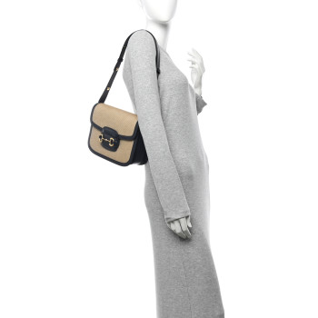 GUCCI Vintage Rice Canvas Plutone Calfskin Horsebit 1955 Shoulder Bag Beige Blue