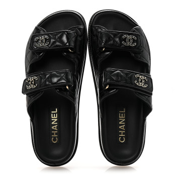 CHANEL Lambskin Quilted Velcro Dad Chain CC Slide Sandals 38 Black