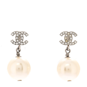 CHANEL Crystal Pearl CC Drop Earrings Silver Pearly White