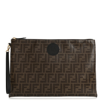 FENDI Glazed Fabric Vitello Century FF 1974 Stamp Patch Large Flat Pouch Mogano Panna Black