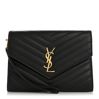 SAINT LAURENT Grain De Poudre Matelasse Chevron Monogram Envelope Clutch Black