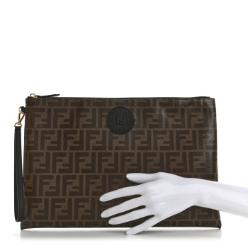 FENDI Glazed Fabric Vitello Century FF 1974 Stamp Patch Large Flat Pouch Mogano Panna Black