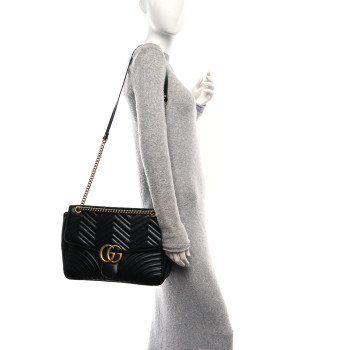 GUCCI Calfskin Matelasse Large GG Marmont Top Handle Shoulder Bag Black