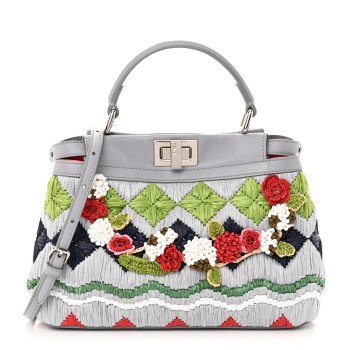 FENDI Nappa Raffia Embroidered Mini Peekaboo Iconic Satchel Grey Multicolor