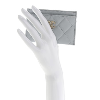 CHANEL Caviar Quilted Crystal CC Logo Card Holder Light Blue