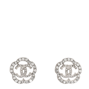 CHANEL Crystal Coco Flapper Camellia CC Stud Earrings Silver