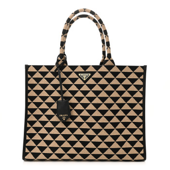 PRADA Jacquard Saffiano Triangolo Symbole Embroidered Large Tote Black Corda