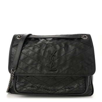 SAINT LAURENT Crinkled Calfskin Matelasse Monogram Large Niki Chain Satchel Black