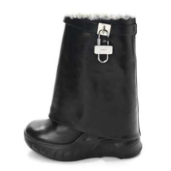 GIVENCHY Crinkled Calfskin Shearling Shark Lock Biker Ankle Boots 39 Black Natural