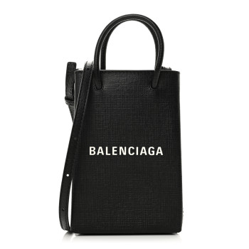 BALENCIAGA Squared Calfskin Logo Shopping Phone Holder Bag Black