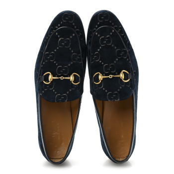 GUCCI Velvet GG Monogram Horsebit Mens Jordaan Loafers 8.5 Blue Beige