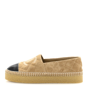 CHANEL Suede Quilted CC Platform Espadrilles 37 Beige Black