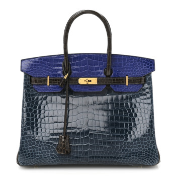 HERMES Shiny Porosus Crocodile Horseshoe Birkin 35 Havane Bleu Electrique Bleu Roi