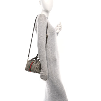 GUCCI GG Supreme Monogram Textured Dollar Calfskin Web Mini Ophidia Top Handle Bag Beige Ebony New Acero