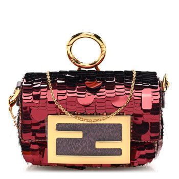 FENDI Sequin Paillettes Shiny Nappa Sex and the City Nano Maxi Buckle Baguette Charm Granata