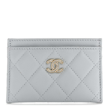 CHANEL Caviar Quilted Crystal CC Logo Card Holder Light Blue