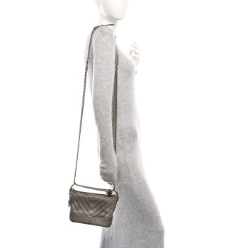 CHANEL Metallic Caviar Chevron Quilted Small Gabrielle Hobo Light Silver Gold