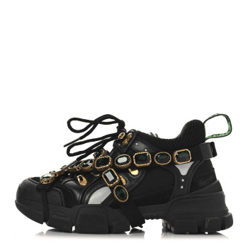GUCCI X SEGA Mesh Suede Calfskin Removable Crystals Womens Flashtrek Sneakers 35.5 Black Silver