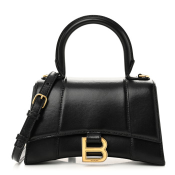 BALENCIAGA Shiny Box Calfskin Hourglass Top Handle Bag XS Black