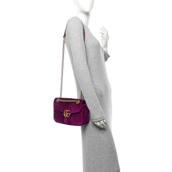 GUCCI Velvet Matelasse Small GG Marmont Shoulder Bag Fuchsia Violet Cyclamen