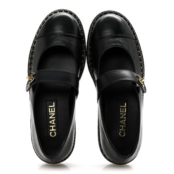CHANEL Crumpled Lambskin Cap Toe Chain CC Turnlock Mary Jane Flats 37 Black