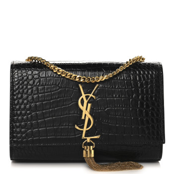 SAINT LAURENT Calfskin Crocodile Embossed Small Classic Monogram Kate Tassel Satchel Black