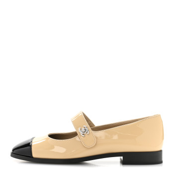 CHANEL Patent Calfskin Mary Janes Flats 37 Beige Black