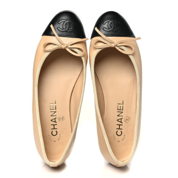 CHANEL Lambskin Cap Toe CC Ballerina Flats 36 Beige Black
