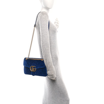 GUCCI Velvet Matelasse Medium GG Marmont Shoulder Bag Cobalt Blue