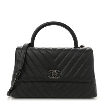 CHANEL Caviar Chevron Quilted Small Coco Handle Flap So Black
