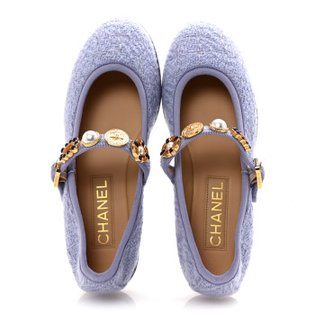 CHANEL Wool Tweed Patent Mary Jane Flats 37.5 Lilac