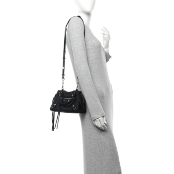 BALENCIAGA Grained Calfskin Snake Effect Silver Hardware Neo Classic Mini City Black