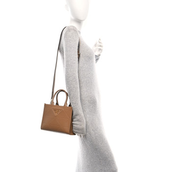 PRADA Soft Calfskin Triangolo Symbole Embossed Mini Tote Caramel