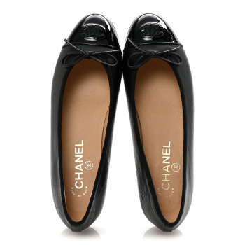 CHANEL Lambskin Patent Cap Toe Ballerina Flats 38.5 Black