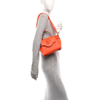 VERSACE Grained Calfskin Small La Medusa Top Handle Bag Orange